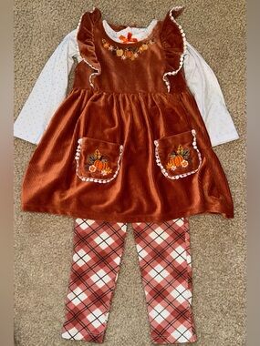 Toddler Girls Rust Corduroy Pumpkin Dress Set with Plaid Leggings